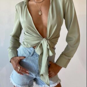 Princess Polly Sage Green Tie-Front Blouse
